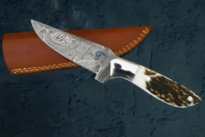 Damascus Steel Outdoor Knife | Antler Handle | Faneema Cutlery